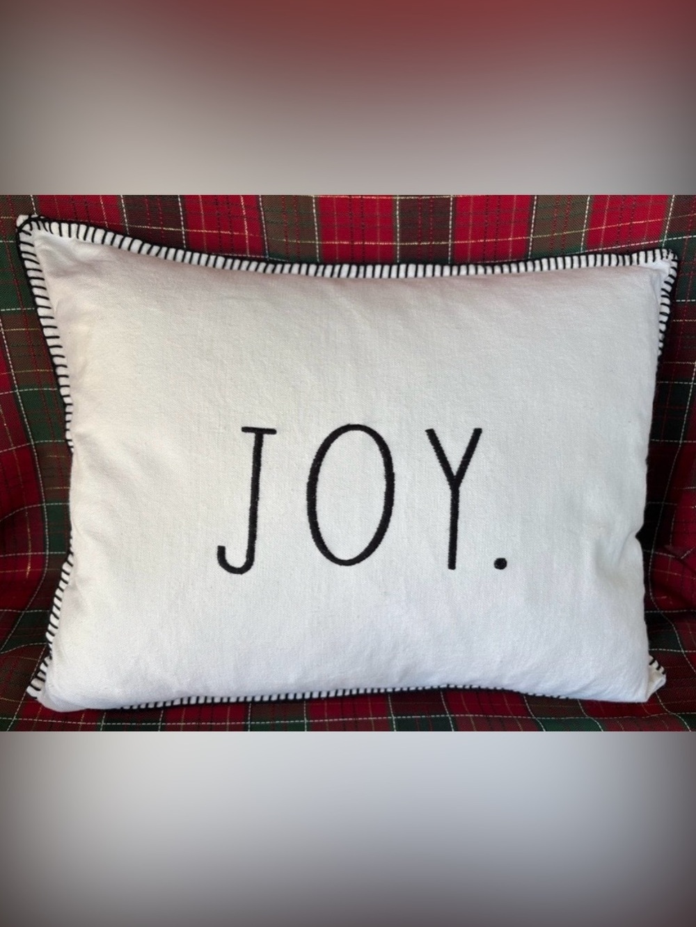 Rae Dunn. “JOY” White and Black Embroidered Throw Pillow with a Down Insert
